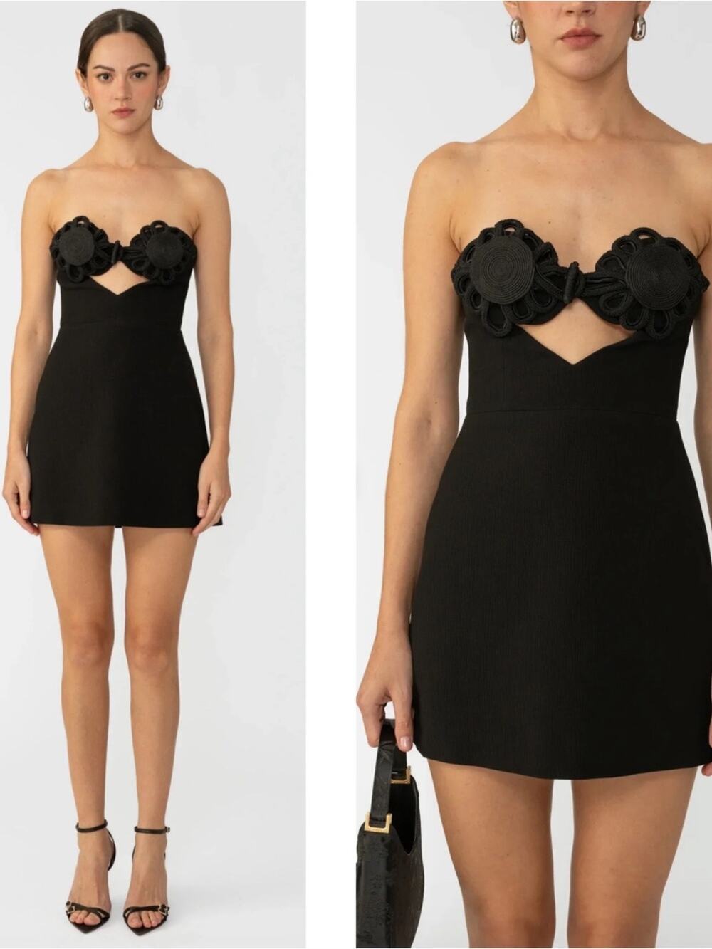 SAU LEE Eve Crochet Detail Strapless Cutout Black Mini Dress Size 8